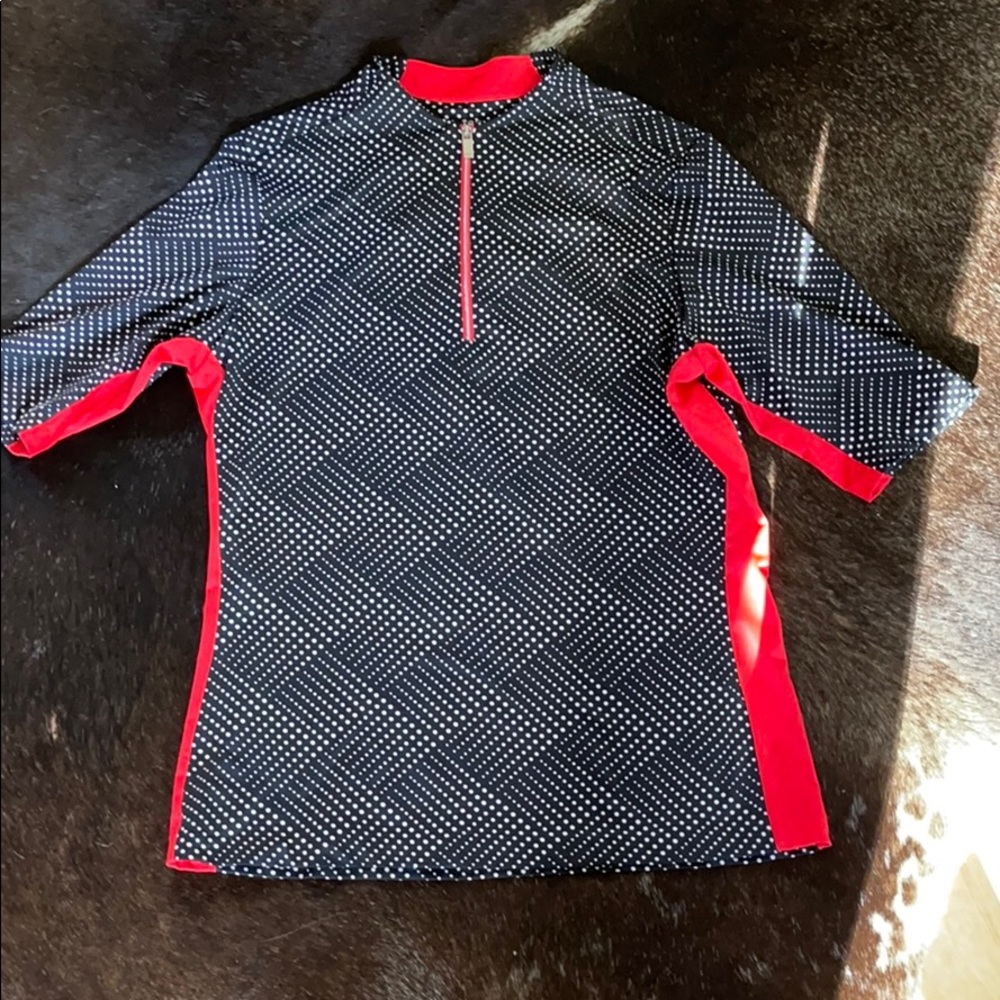 Navy blue and polka dot golf shirt